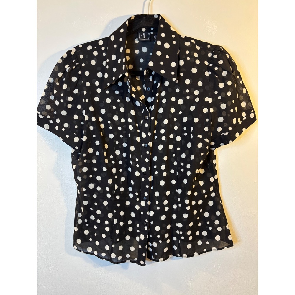I N C Black Silk Cotton Polkadot Short Sleeve Blouse 8 coquette career